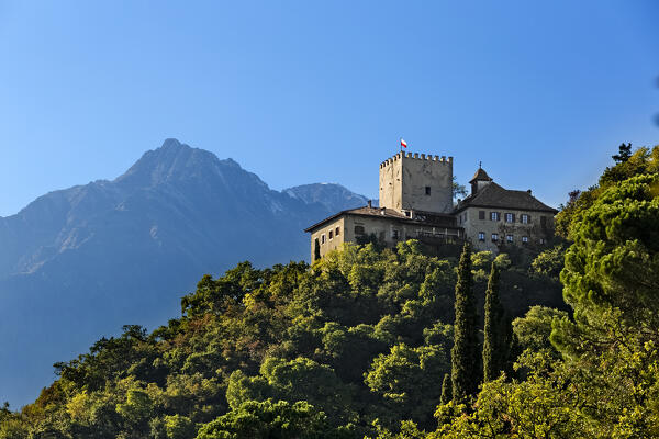 Thurnstein is a medieval castle perched on the slopes of Mount Muta. Today it is used as a Tyrolean hotel and restaurant. Tirolo/Tirol, Bolzano province, Trentino Alto-Adige, Italy, Europe.