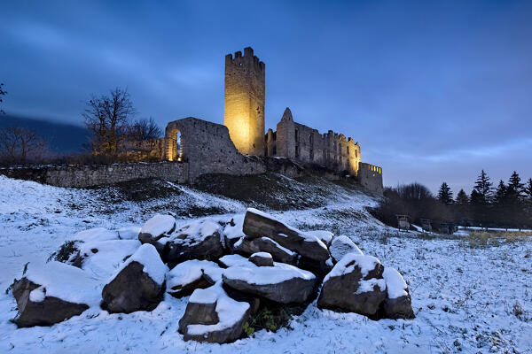 Dusk at the medieval ruins of Belfort castle. Spormaggiore, Trento province, Trentino Alto-Adige, Italy, Europe.