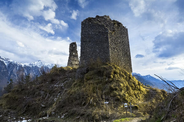 The medieval ruins of San Pietro castle stand out on the top of Mount Ciolino. Torcegno, Valsugana, Trento province, Trentino Alto-Adige, Italy, Europe.