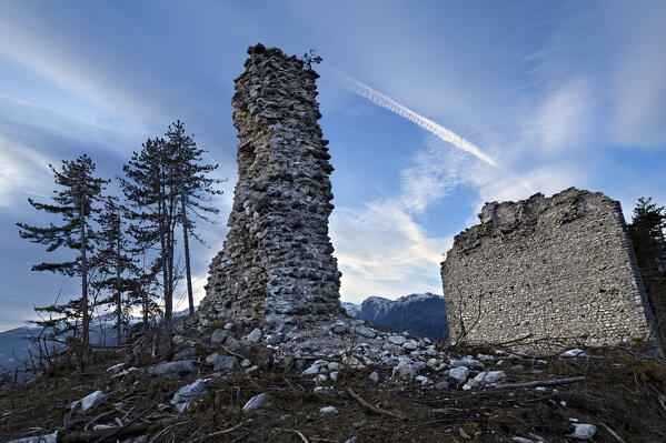 San Pietro castle in Torcegno: the superseded walls of the imposing fortress on Mount Ciolino. Valsugana, Trento province, Trentino Alto-Adige, Italy, Europe.