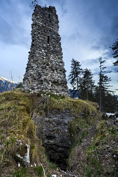 San Pietro castle in Torcegno: surviving wall and the well of the cistern. Torcegno, Valsugana, Trento province, Trentino Alto-Adige, Italy, Europe.