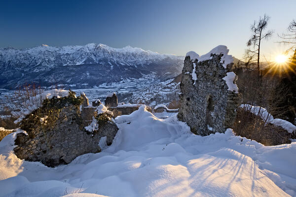 Ruins of the medieval fortress of Castellalto castle. Telve, Trento province, Trentino Alto-Adige, Italy, Europe.