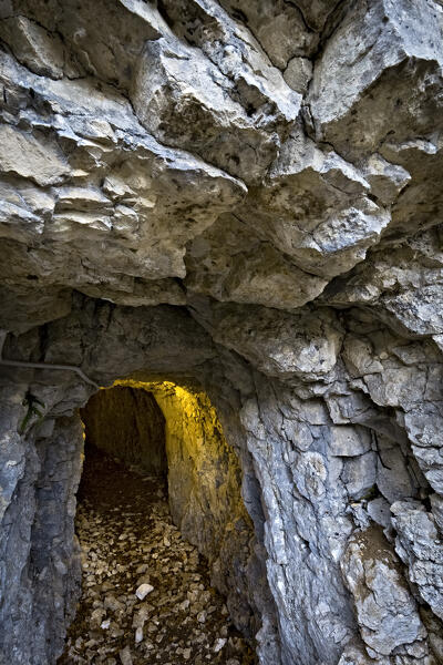 Austro-Hungarian tunnel of the Great War in Nosellari. Folgaria, Alpe Cimbra, Trentino, Italy, Europe.