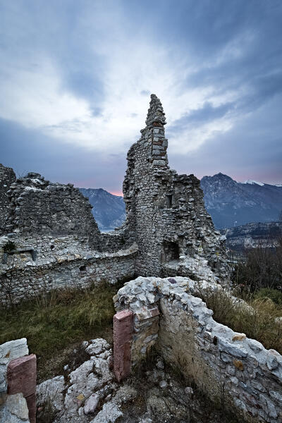 The medieval ruins of Penede Castle. Nago Torbole, Trentino, Italy, Europe.