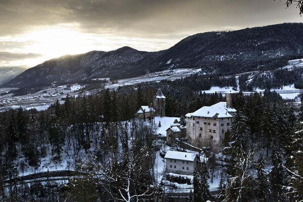 Dusk at the medieval castle of Castelfondo in the Non valley. Borgo d'Anaunia, Trentino, Italy, Europe.