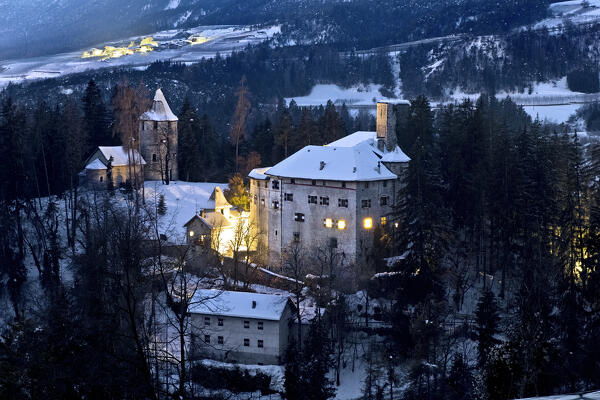 Dusk at the medieval castle of Castelfondo in the Non valley. Borgo d'Anaunia, Trentino, Italy, Europe.