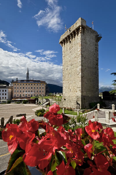 Enego: the medieval Scaliger Tower and the village square. Sette Comuni, Province of Vicenza, Veneto, Italy.