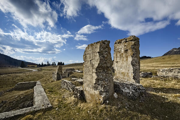 Vezzena Pass: ruins of the cableway station built by the Austro-Hungarian army during the Great War. Levico Terme, Trento province, Trentino Alto Adige, Italy.