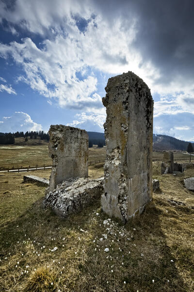 Vezzena Pass: ruins of the cableway station built by the Austro-Hungarian army during the Great War. Levico Terme, Trento province, Trentino Alto Adige, Italy.