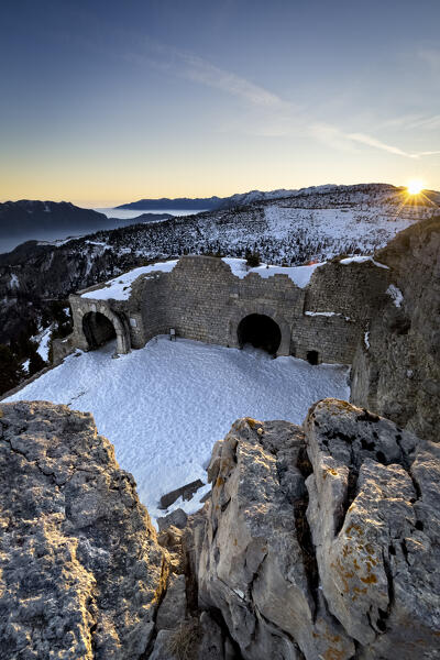 Ruins of the Great War fort on Mount Campomolon. Arsiero, Vicenza province, Veneto, Italy.