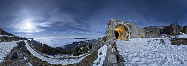 Ruins of the Great War fort on Mount Campomolon. Arsiero, Vicenza province, Veneto, Italy.