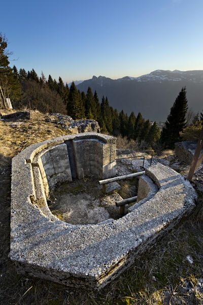 Fort Luserna: observatory of the Oberwiesen outpost. In the background Mount Spitz of Tonezza. Luserna, Trento province, Trentino Alto Adige, Italy.