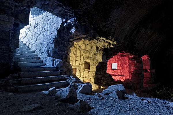 Passages, stairways and internal corridors of fort Mollinary. Monte, Valpolicella, Verona province, Veneto, Italy.