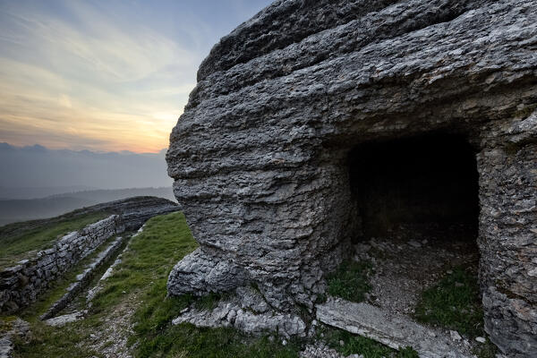 Italian trenches of the Great War at malga Pidocchio. Erbezzo, Lessinia, Veneto, Italy.