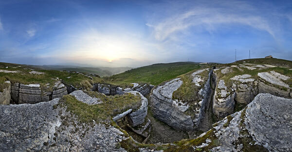 Italian trenches of the Great War at malga Pidocchio. Erbezzo, Lessinia, Veneto, Italy.