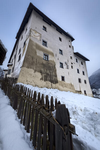 Snow on the medieval castle of Caldes. Sole Valley, Trentino, Italy.