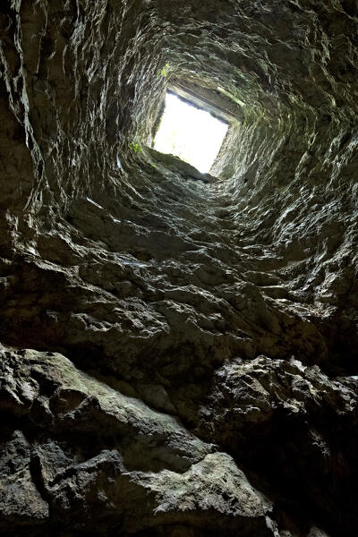 Underground shaft for the transport of ammunition in the Habsburg stronghold of the Great War of Mount Celva. Trento, Trentino, Italy.