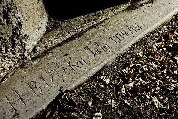 Engraving dating back to 1915 at the Habsburg stronghold of the Great War of Mount Celva. Trento, Trentino, Italy.