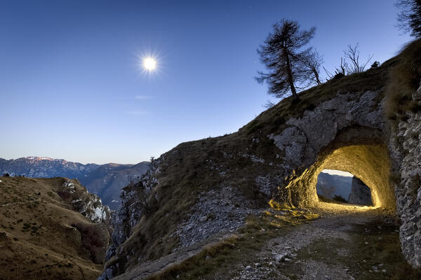 Italian gallery of the Great War along the Corno della Paura road. Brentonico, Trentino, Italy.