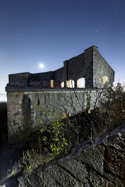 Casemates and walls of Fort Mollinary at night. Sant'Ambrogio di Valpolicella, Veneto, Italy.