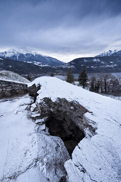 The roof of Fort Tenna and Lake Caldonazzo in the background. Tenna, Valsugana, Trentino, Italy.