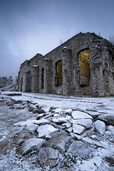 The Austro-Hungarian fortress of Tenna on a snowy winter day. Tenna, Valsugana, Trentino, Italy.