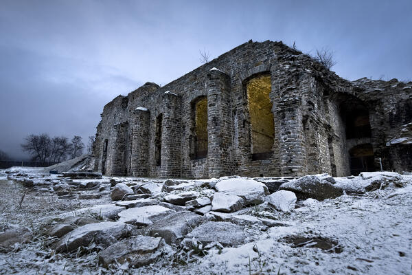 The Austro-Hungarian fortress of Tenna on a snowy winter day. Tenna, Valsugana, Trentino, Italy.