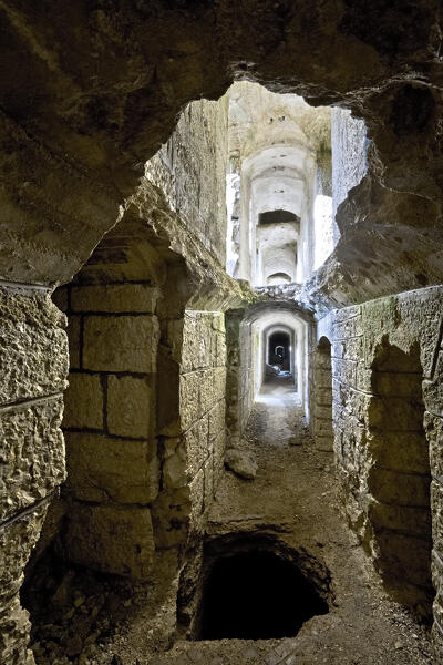 Fort Dosso delle Somme: corridors and internal floors of the Habsburg fortress of the Great War. Serrada, Folgaria, Alpe Cimbra, Trentino, Italy.