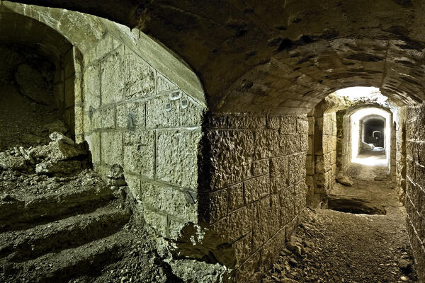 Fort Dosso delle Somme: corridors and internal floors of the Habsburg fortress of the Great War. Serrada, Folgaria, Alpe Cimbra, Trentino, Italy.