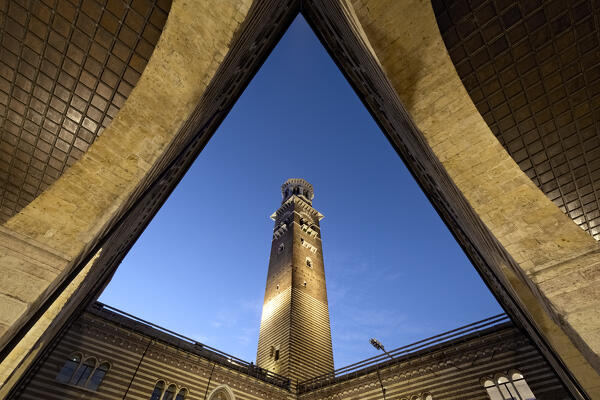 Verona: the medieval Lamberti tower and the Palazzo della Ragione. Veneto, Italy.