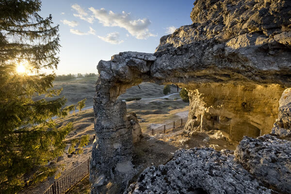 Fort Busa Verle: sunset over the ruins of the Habsburg fortress of the Great War. Vezzena, Levico Terme, Trentino, Italy.