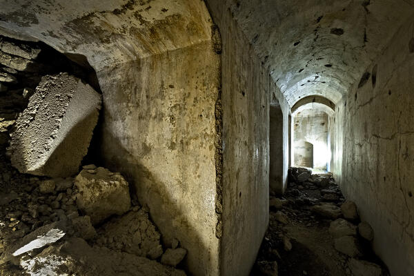 Fort Busa Verle: corridors and casemates of the Habsburg fortress of the Great War. Vezzena, Levico Terme, Trentino, Italy.