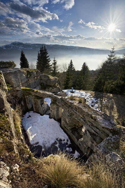 Fort Luserna: ruins of the Oberwiesen outpost. Luserna, Cimbra Alp, Trentino, Italy.