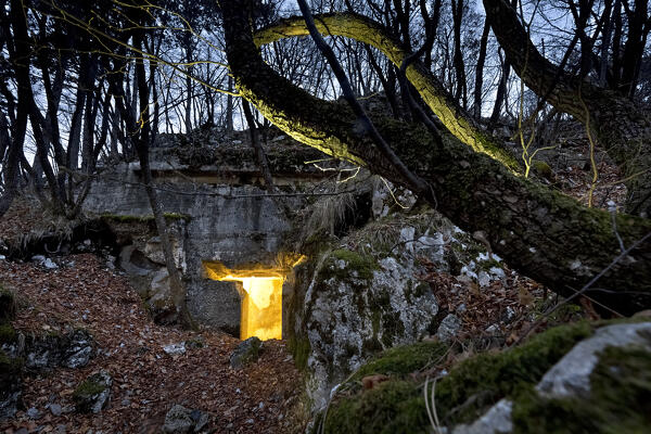 Mount Celva: an entrance to the underground fortress of the Great War immersed in the woods. Trento, Trentino, Italy.