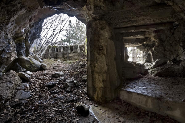 Mount Celva: a military post in a cave and the trenches of the Habsburg stronghold of the Great War. Trento, Trentino, Italy.