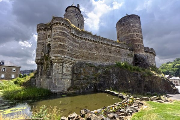 Towers and rear entrance of the Fougères Castle, Fougères, Ille-et-Vilaine department, Brittany, France, Europe. The medieval structure is classified as a French national monument since 1892.