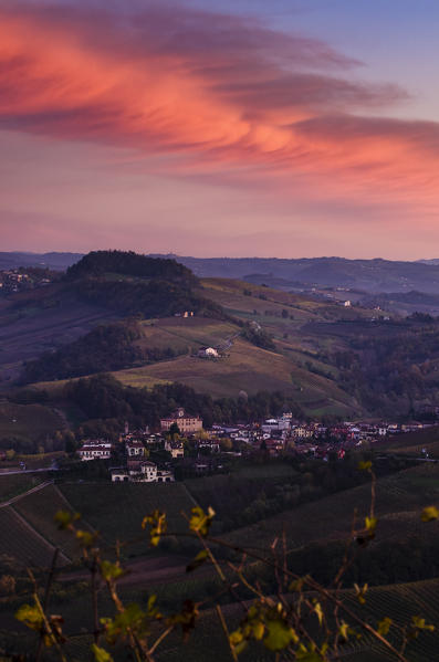 Red sunset above Barolo village from La Morra, Piedmont, Italy