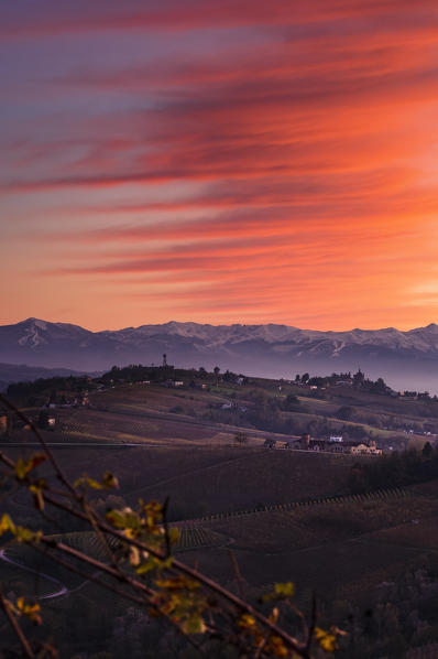 Red sunset above Novello village from La Morra, Piedmont, Italy