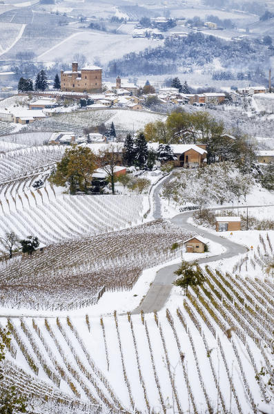 First snow on the Grinzane castle in Langhe, Grinzane Cavour, Piedmont, Italy