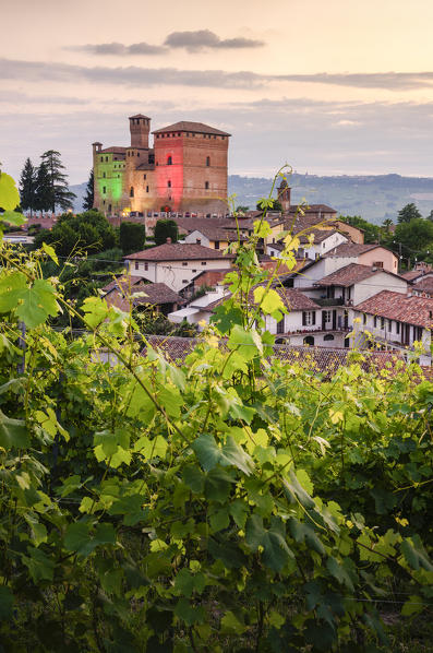 Grinzane Cavour Castle through the vineyards coloured with the italian flag, Grinzane Cavour, Piedmont, Italy