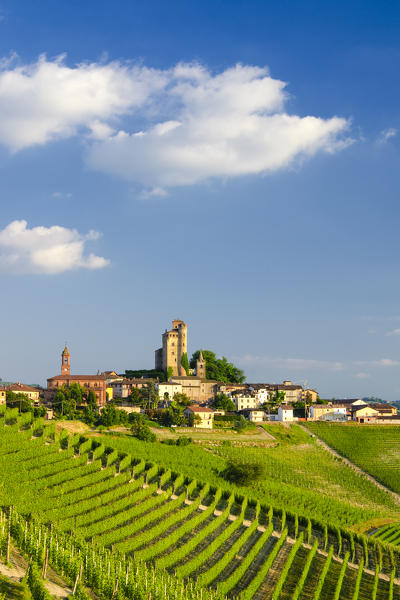 Serralunga d'Alba Castle through the vineyards, Serralunga d'Alba, Piedmont, Italy