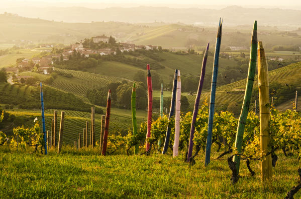 Sunset on the village of Coazzolo from the colorful pastels vineyard 