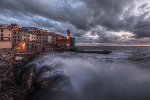 A dramatic storm at sunset on the Tellaro, municipality of Lerici, La Spezia province, Liguria district, Italy, Europe