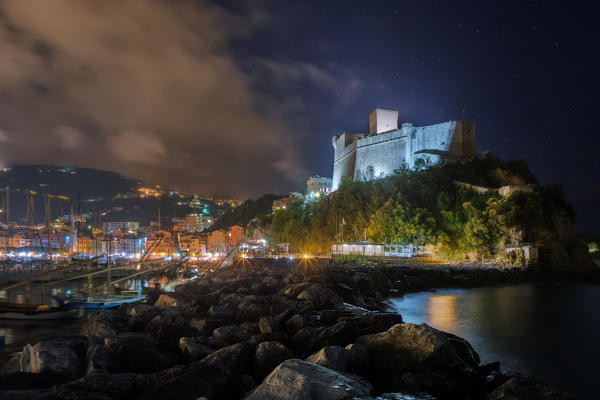 Night on the town of Lerici, Castle of Lerici, municipality of Lerici, La Spezia province, Liguria district, Italy, Europe