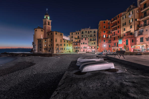 Night on the Basilica of Santa Maria Assunta, Camogli, municipality of Camogli, Genoa province, Liguria, Italy, Europe