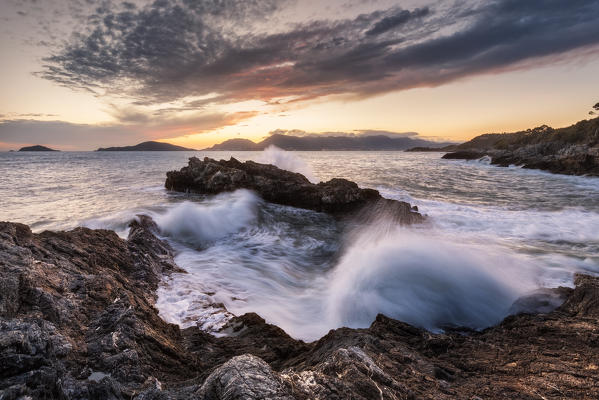 Storm surge at sunset in the Gulf of Poets on the Tellaro cliff, municipality of Lerici, La Spezia province, Liguria district, Italy, Europe