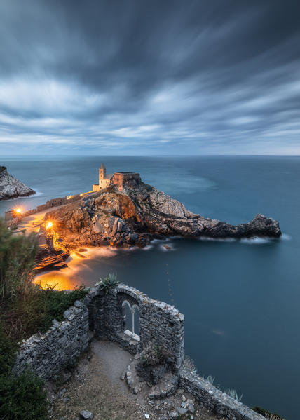 Long exposure before the storm the San Pietro Church, municipality of Portovenere, La Spezia province, Liguria, Italy, Europe
