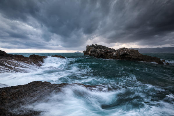 Long exposure on a cloudy day on the Tellaro cliff, municipality of Lerici, La Spezia province, Liguria district, Italy, Europe