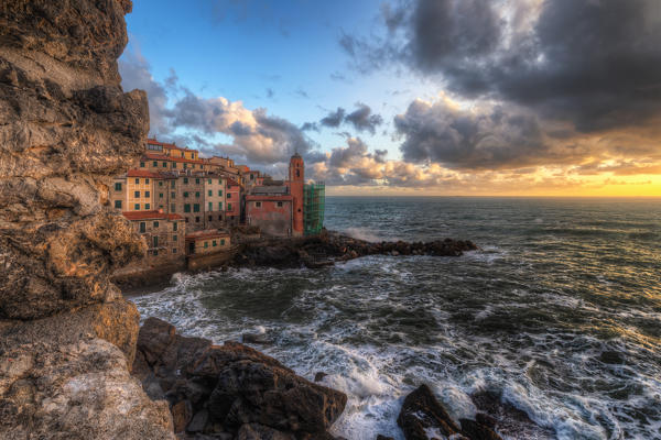 Sunset over the village of Tellaro, municipality of Lerici, La Spezia province, Liguria district, Italy, Europe