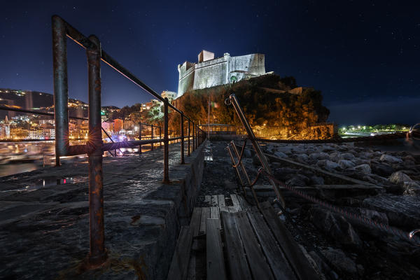 Night on the town of Lerici, Castle of Lerici, municipality of Lerici, La Spezia province, Liguria district, Italy, Europe